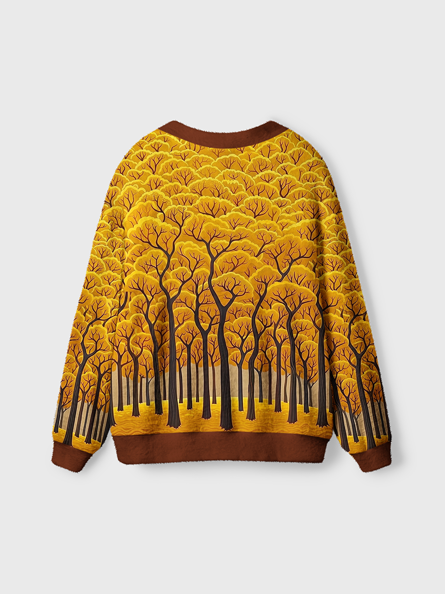 Vintage Golden Autumn Forest And Dense Trees Illustration Cardigan Sweaters