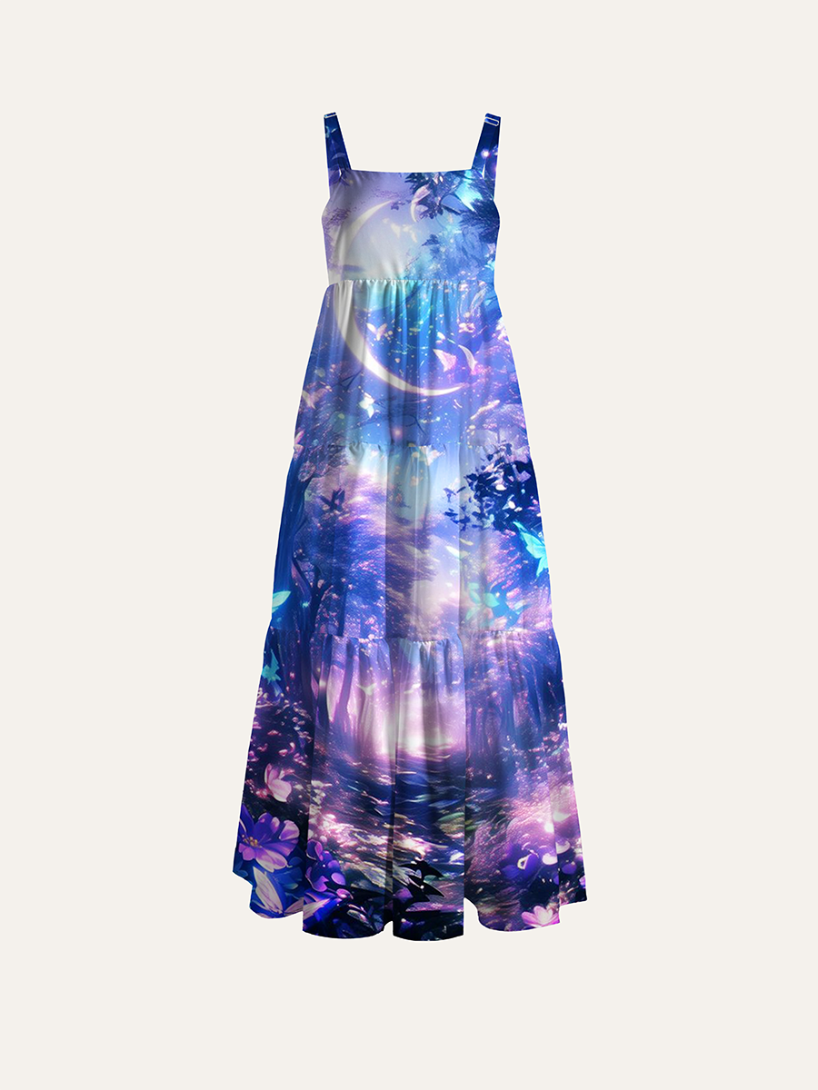 Glowing Purple Magical Forest Butterfly Crescent Moon Adjustable Wide Straps Maxi Dress