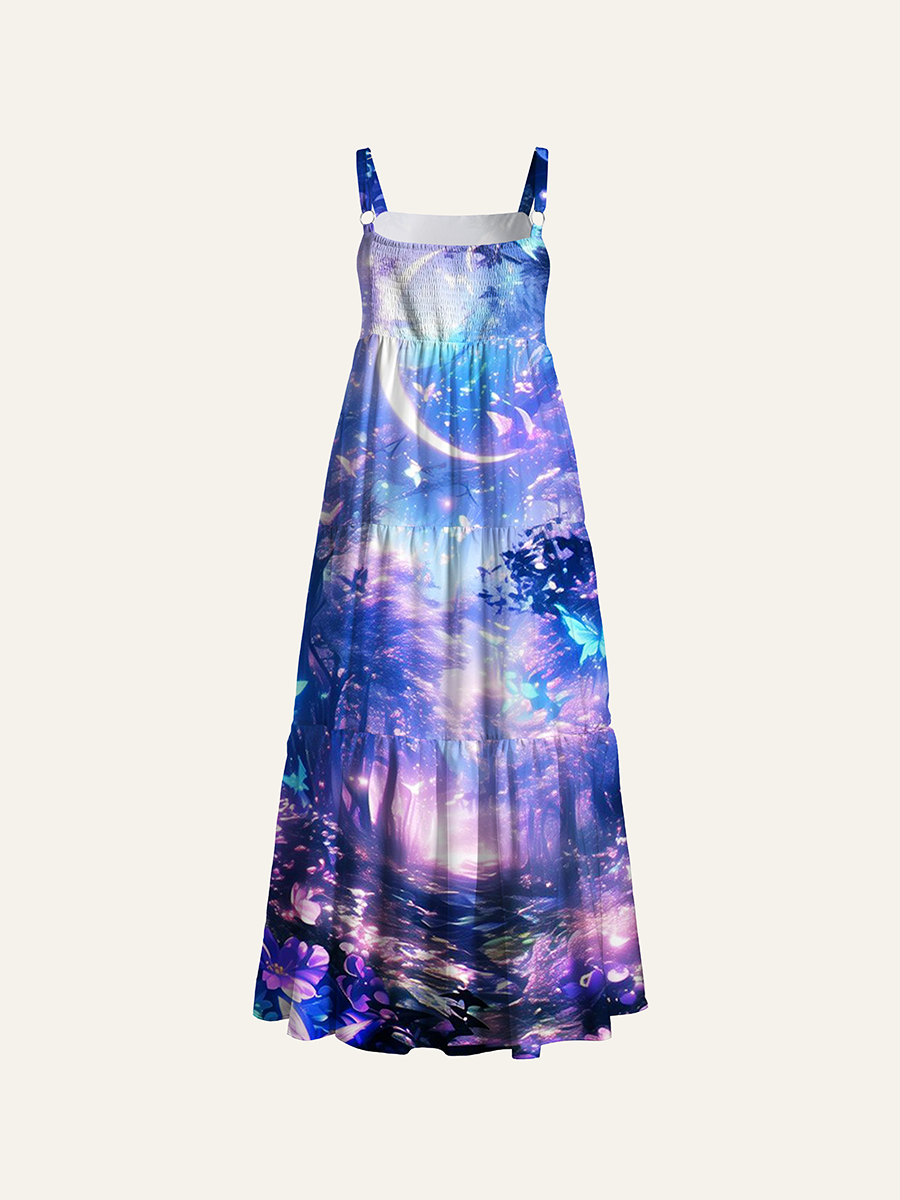Glowing Purple Magical Forest Butterfly Crescent Moon Adjustable Wide Straps Maxi Dress