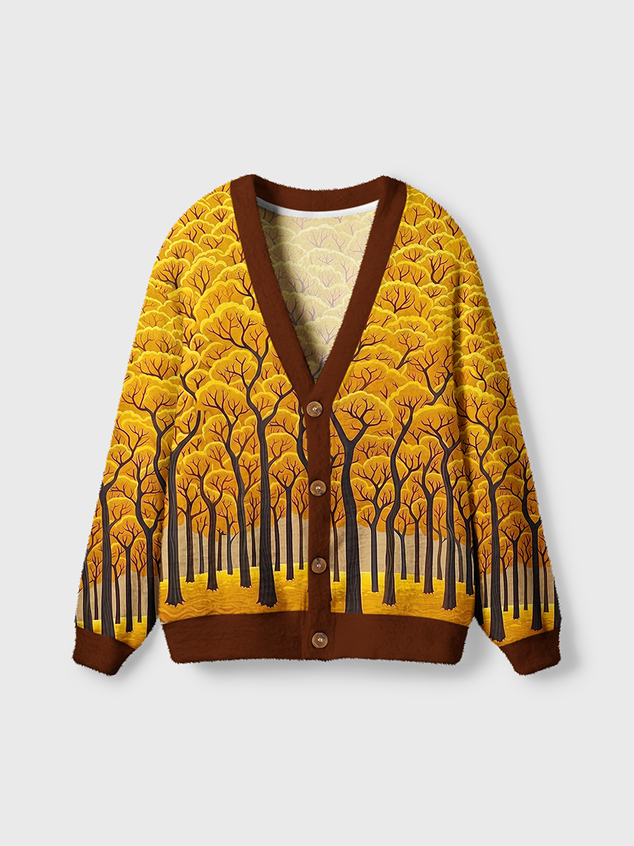 Vintage Golden Autumn Forest And Dense Trees Illustration Cardigan Sweaters
