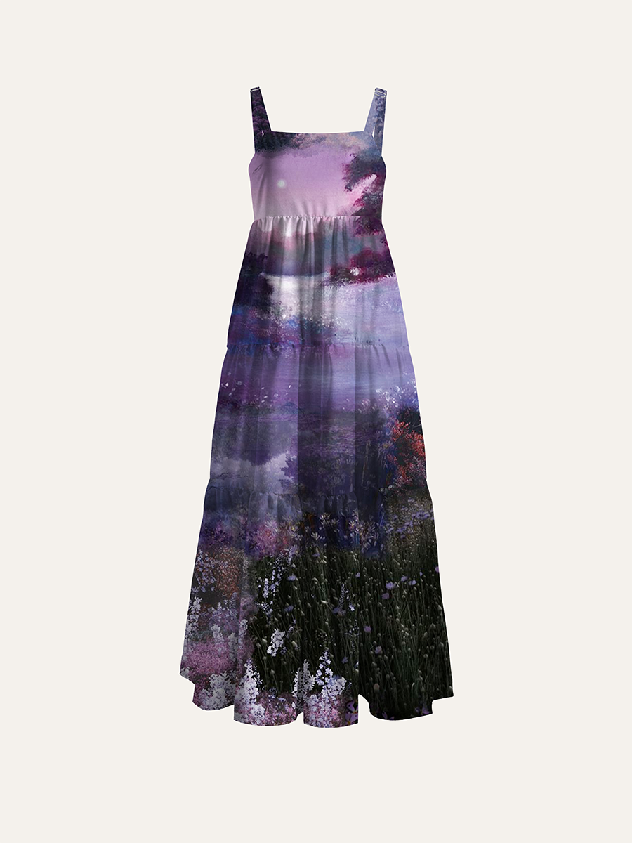 Moody Purple Misty Castle Lavender Lake Oil Painting Adjustable Wide Straps Maxi Dress