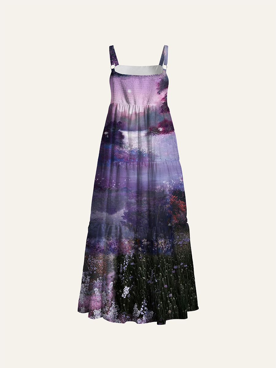 Moody Purple Misty Castle Lavender Lake Oil Painting Adjustable Wide Straps Maxi Dress