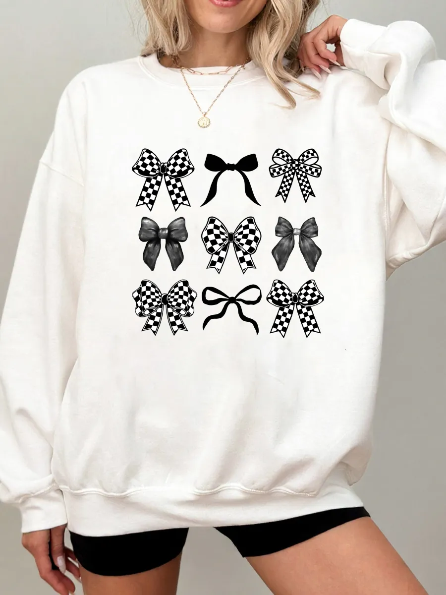 Vintage Checkered Bow Oversize Graphic Sweatshirt