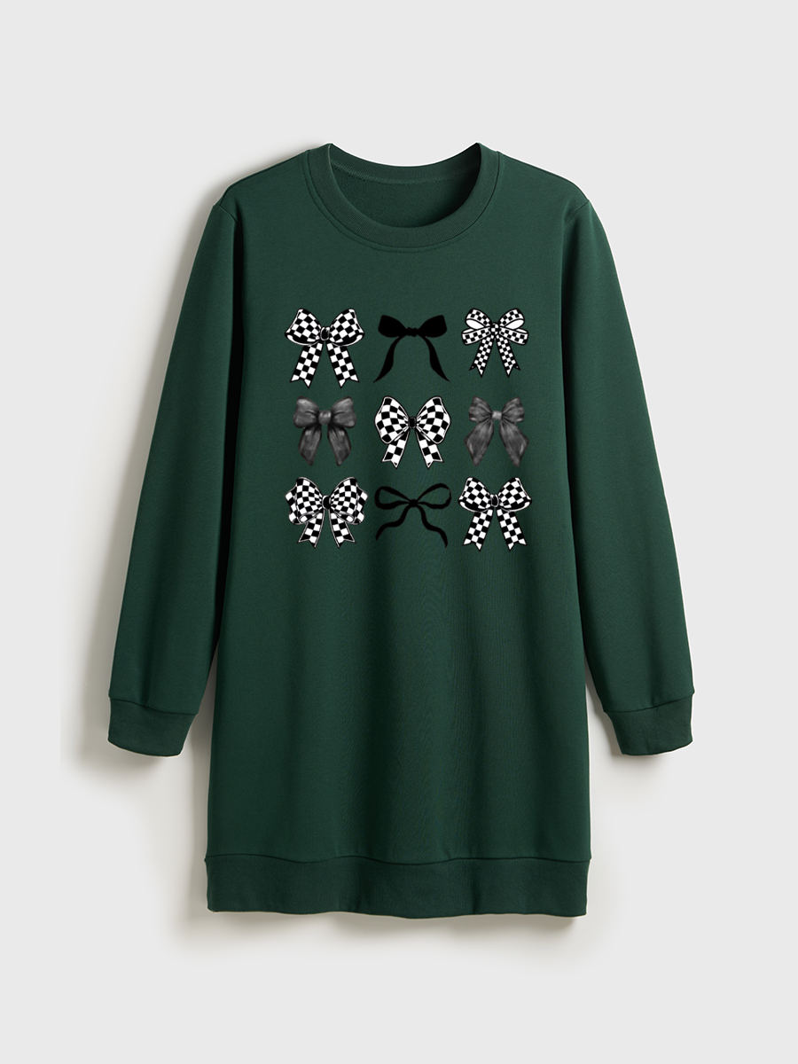 Checkered Bow Crewneck Terry Sweatshirt Dress