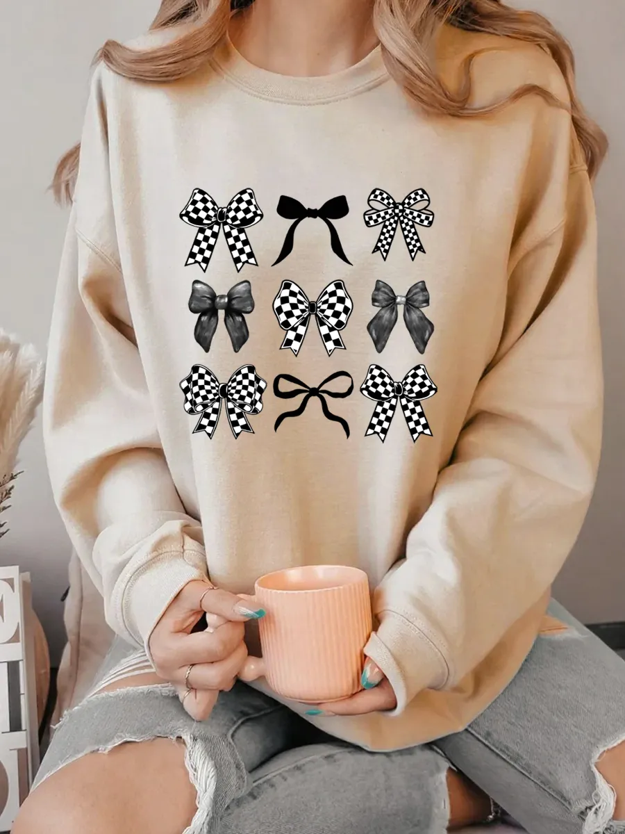 Vintage Checkered Bow Oversize Graphic Sweatshirt