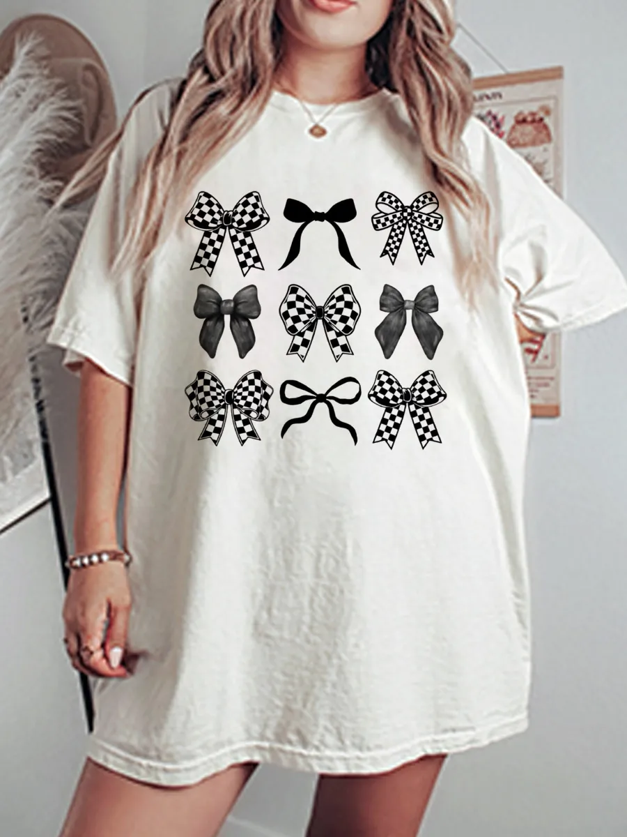 Vintage Checkered Bow Oversize Graphic Tee