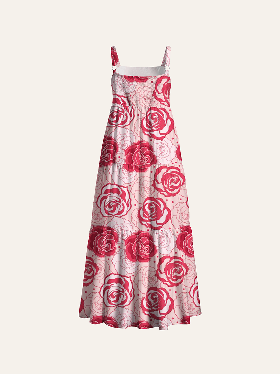 Light Pink Minimal Red Rose Line Art Ditsy Adjustable Wide Straps Maxi Dress