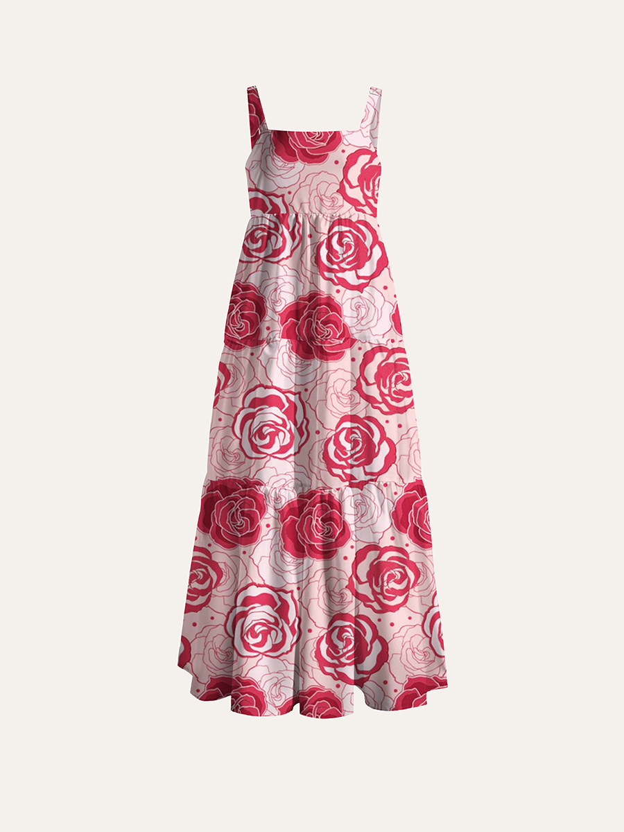Light Pink Minimal Red Rose Line Art Ditsy Adjustable Wide Straps Maxi Dress