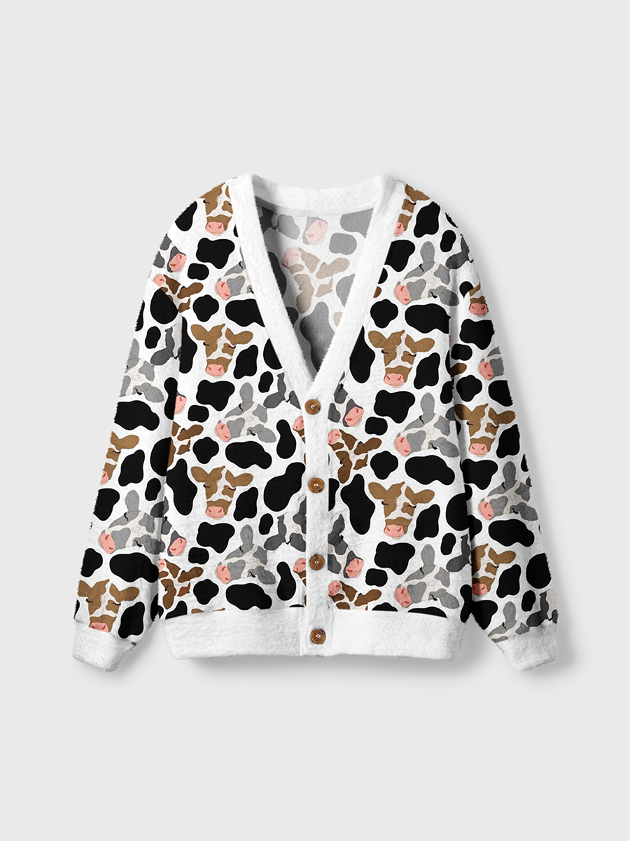 Vintage Cartoon Farm Cow Spots Cardigan Sweaters