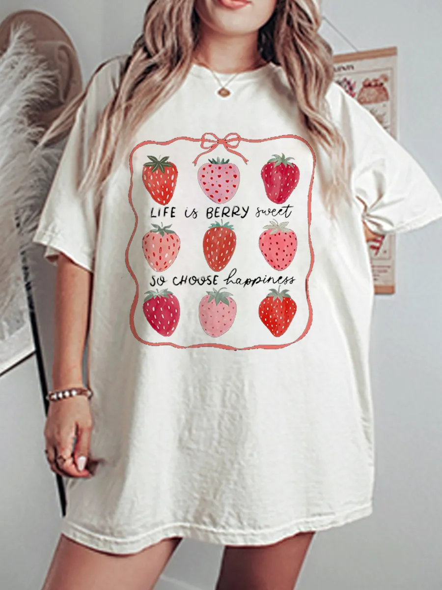 Vintage Life Is Berry Sweet Strawberry Oversize Graphic Tee