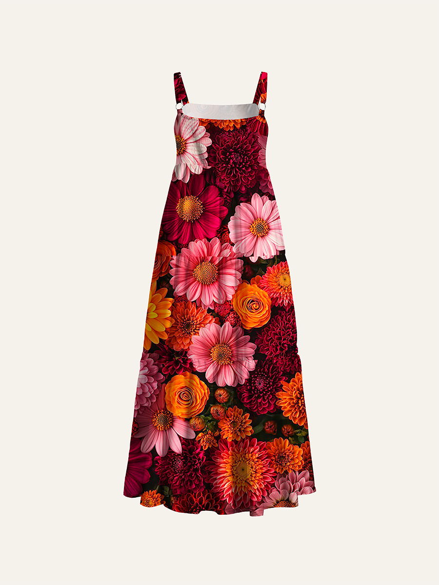 Warm Orange Pink Full Bloom Floral Adjustable Wide Straps Maxi Dress