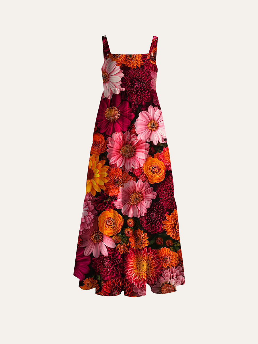 Warm Orange Pink Full Bloom Floral Adjustable Wide Straps Maxi Dress