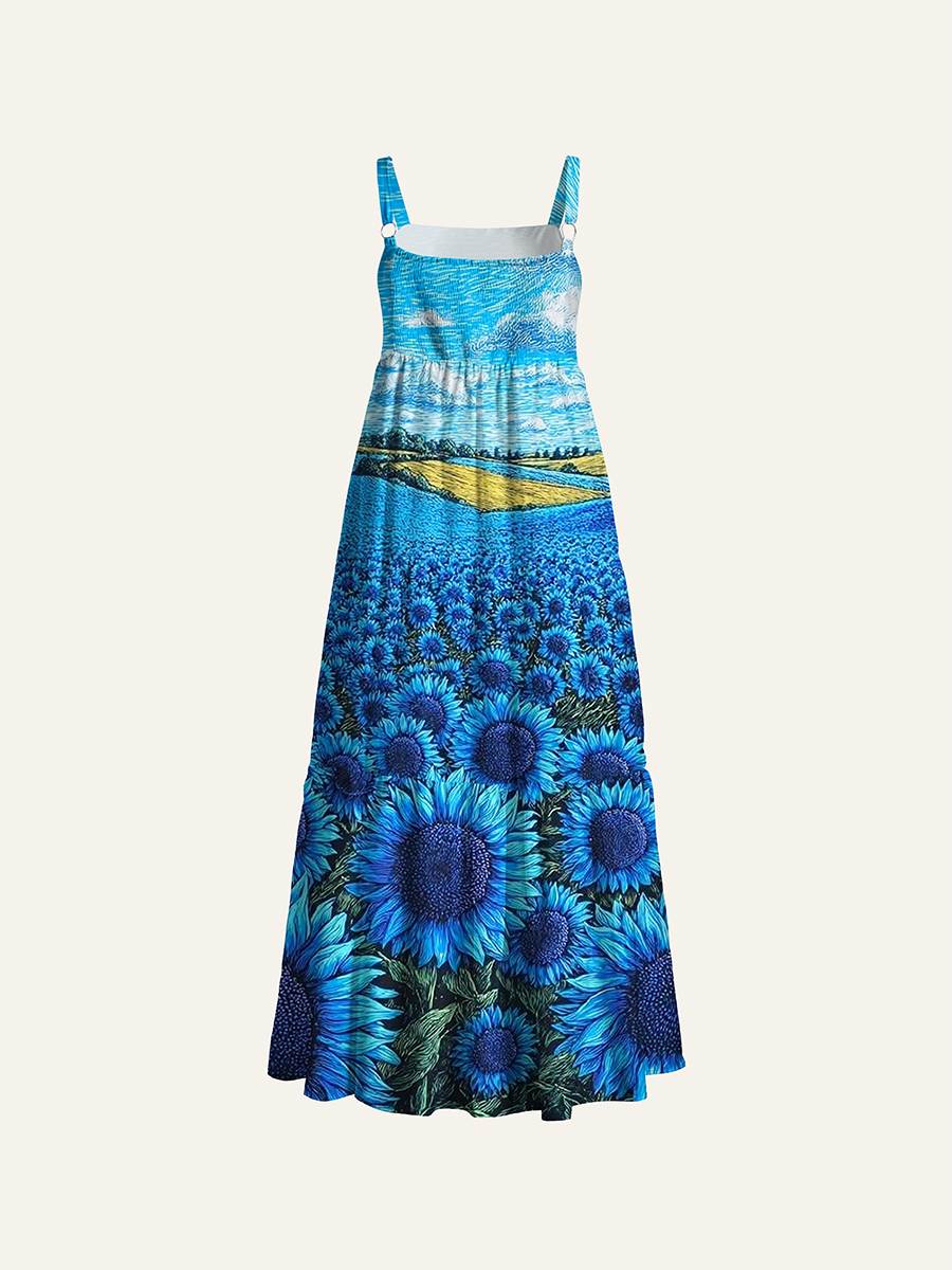 Van Gogh Style Blue Sunflower Field Line Art Adjustable Wide Straps Maxi Dress