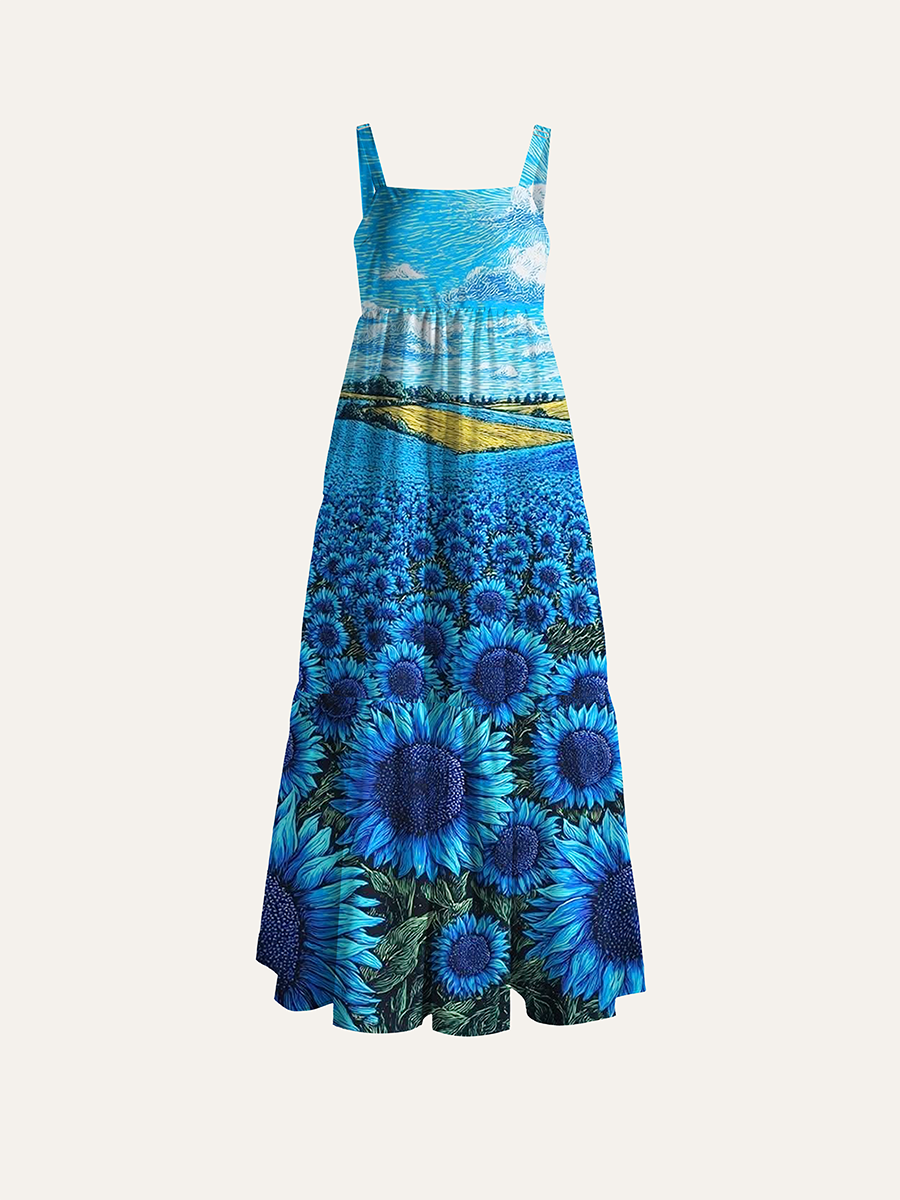 Van Gogh Style Blue Sunflower Field Line Art Adjustable Wide Straps Maxi Dress