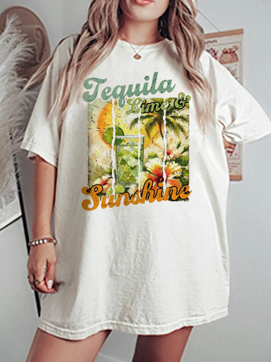 Vintage Tequila Lime & Sunshine Oversize Graphic Tee
