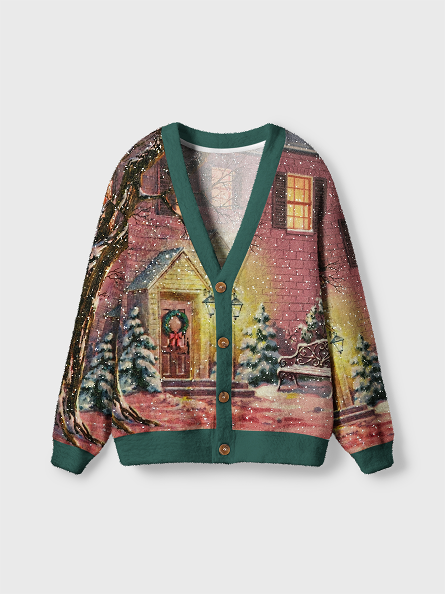 Vintage Oil Painting Christmas Snowy House Cardigan Sweaters
