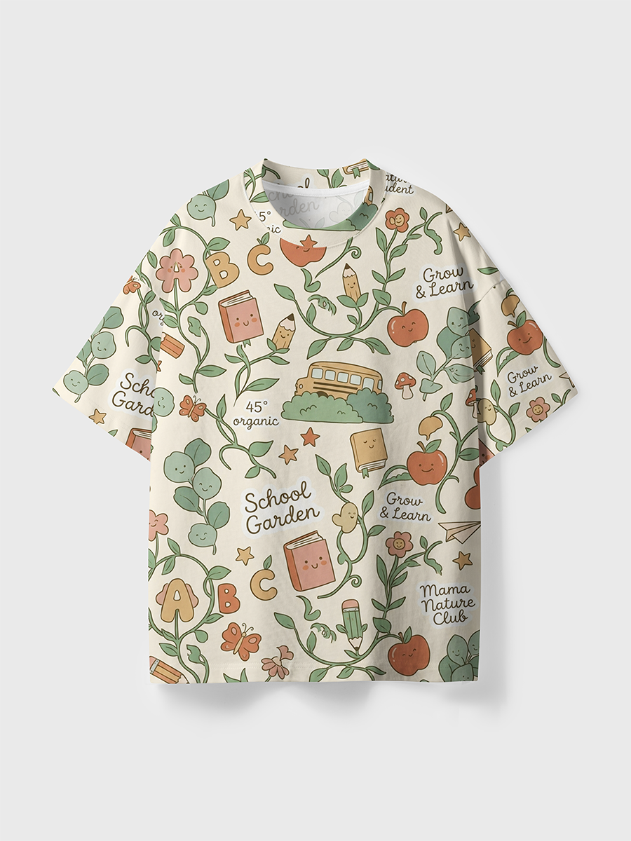 Vintage Cream School Garden Vine Cute Doodle All Over Print T-Shirt