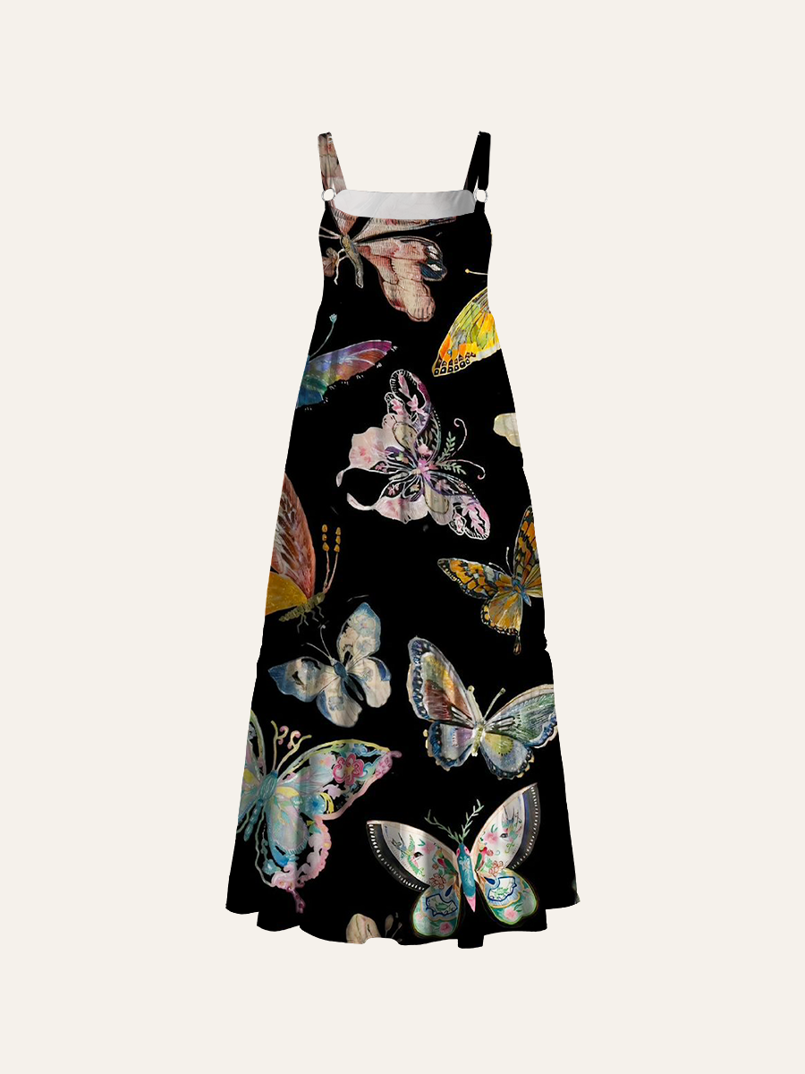 Embroidered Butterfly Print Adjustable Wide Straps Maxi Dress