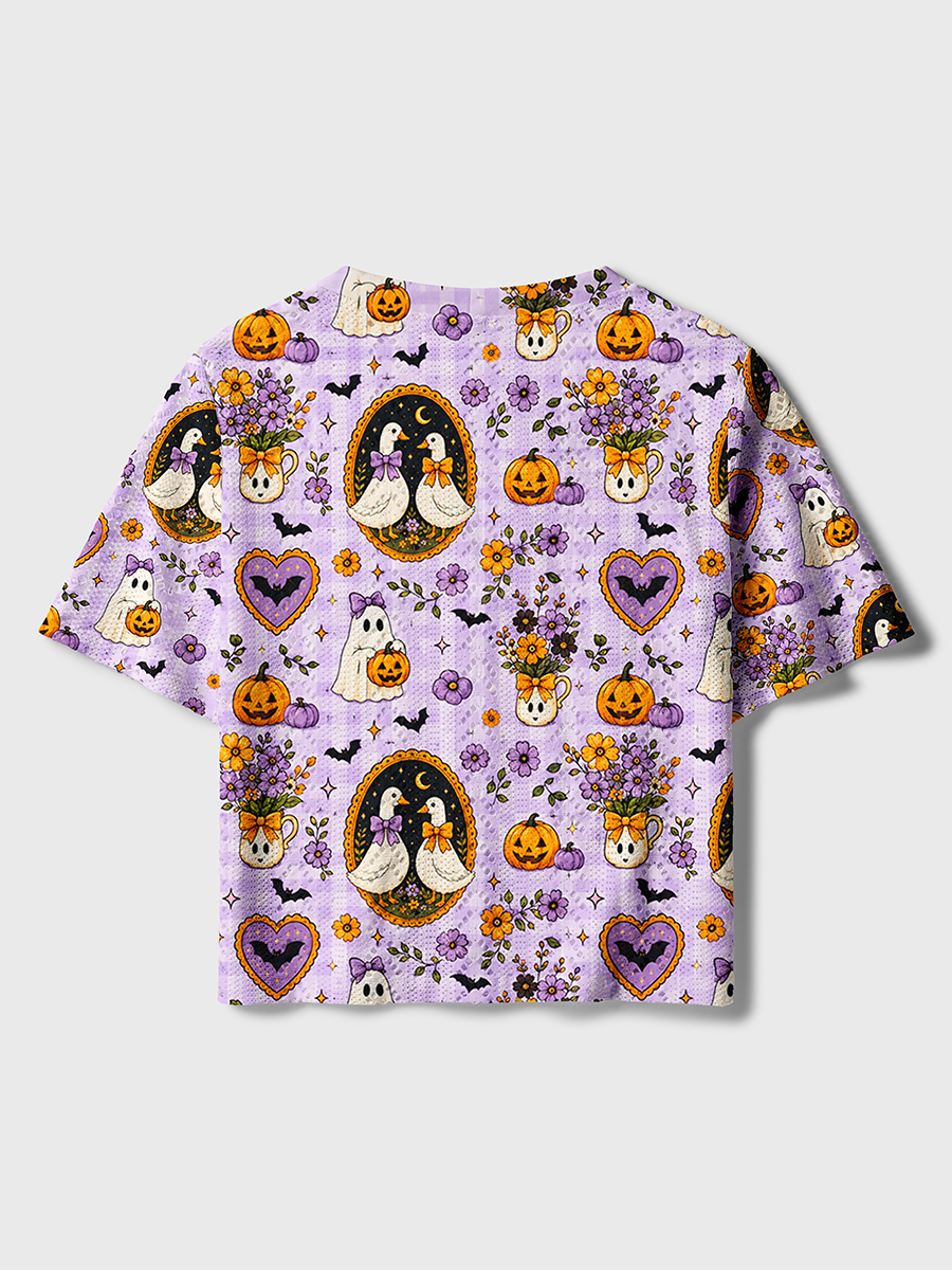 Gingham Duck Ghost Retro Halloween Crochet Button Down Cardigan