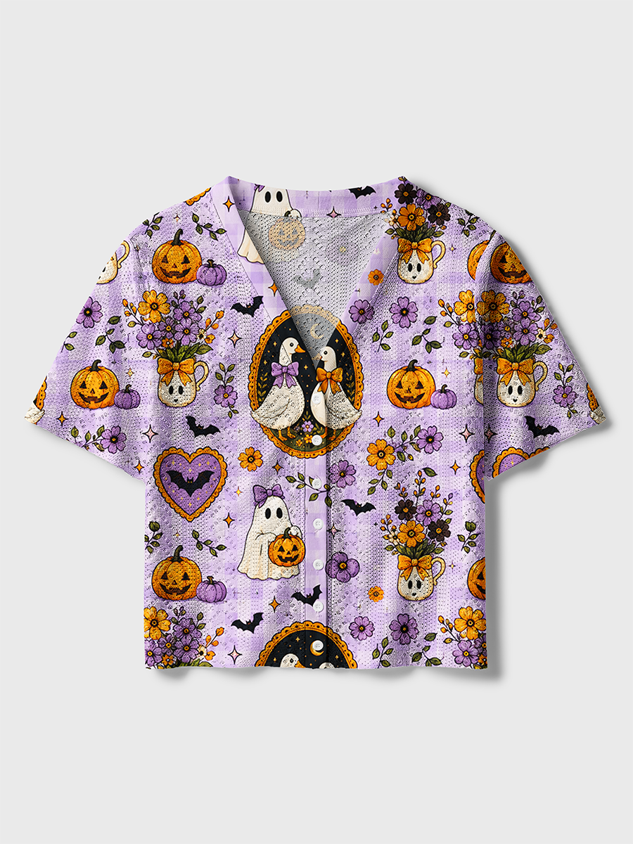 Gingham Duck Ghost Retro Halloween Crochet Button Down Cardigan