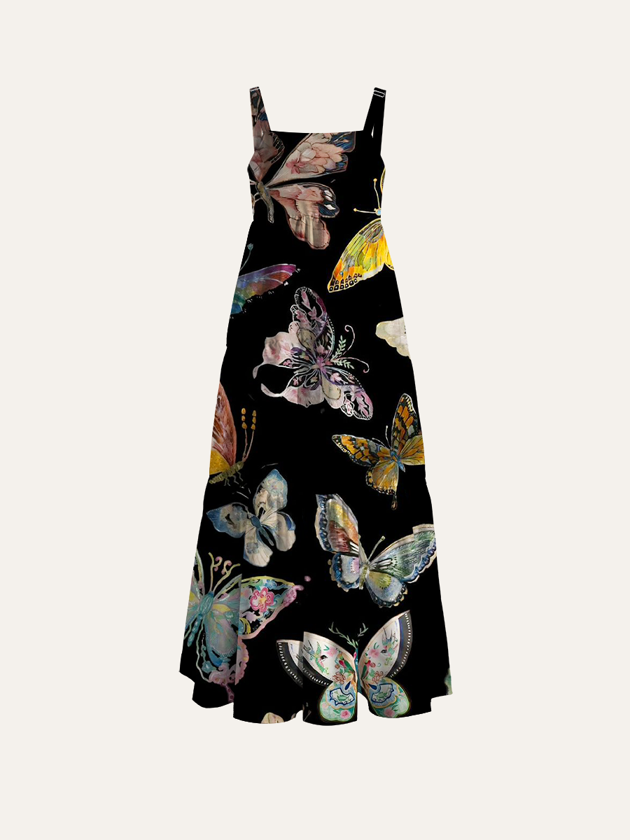 Embroidered Butterfly Print Adjustable Wide Straps Maxi Dress