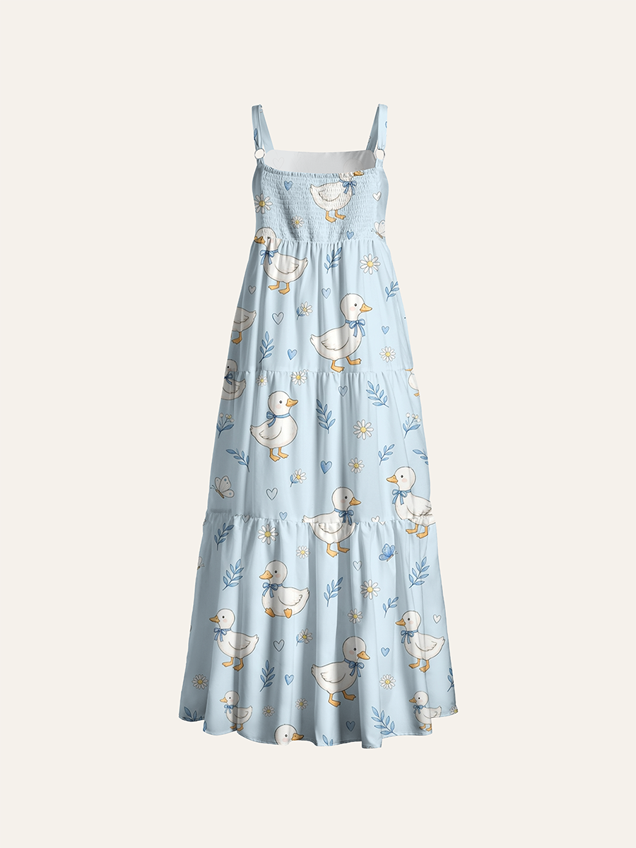 Bow White Duck Daisy Kid Adjustable Wide Straps Maxi Dress