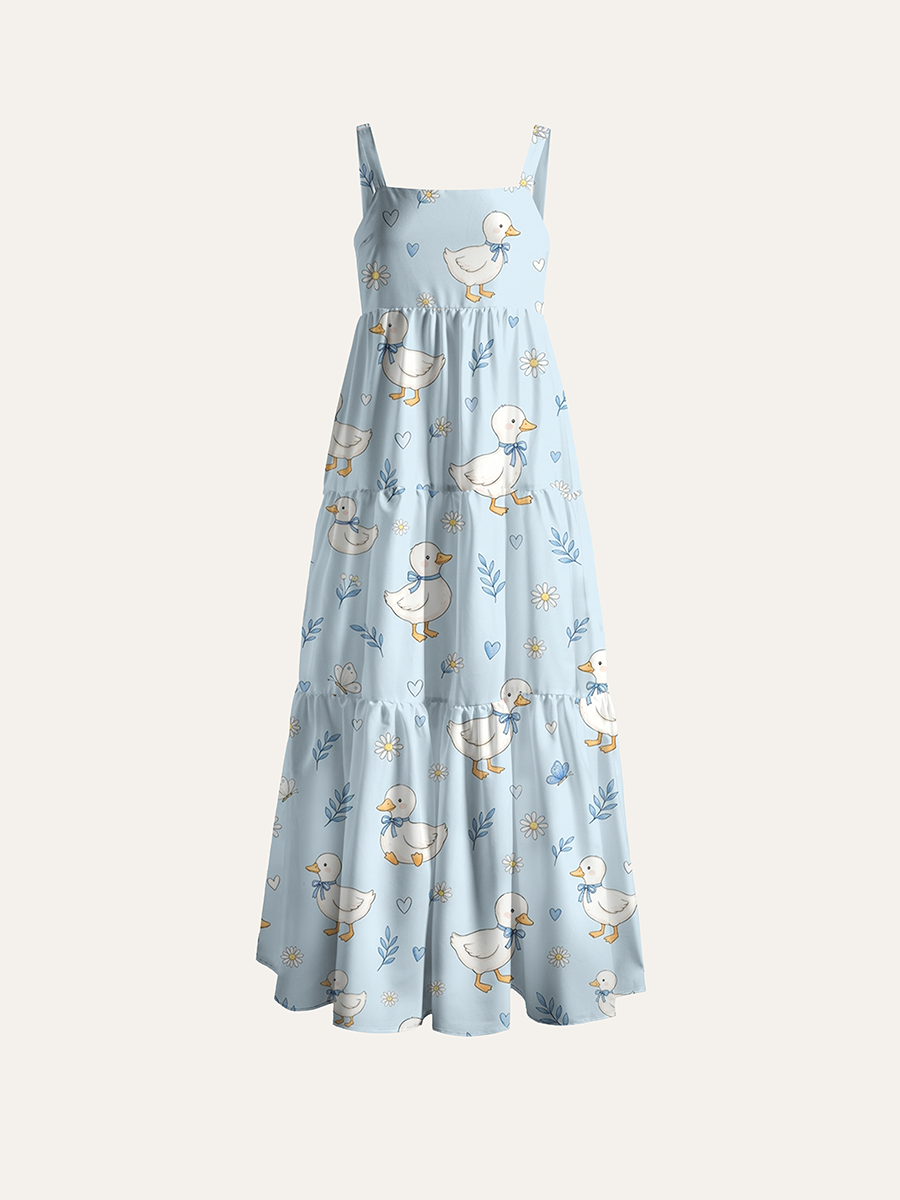 Bow White Duck Daisy Kid Adjustable Wide Straps Maxi Dress