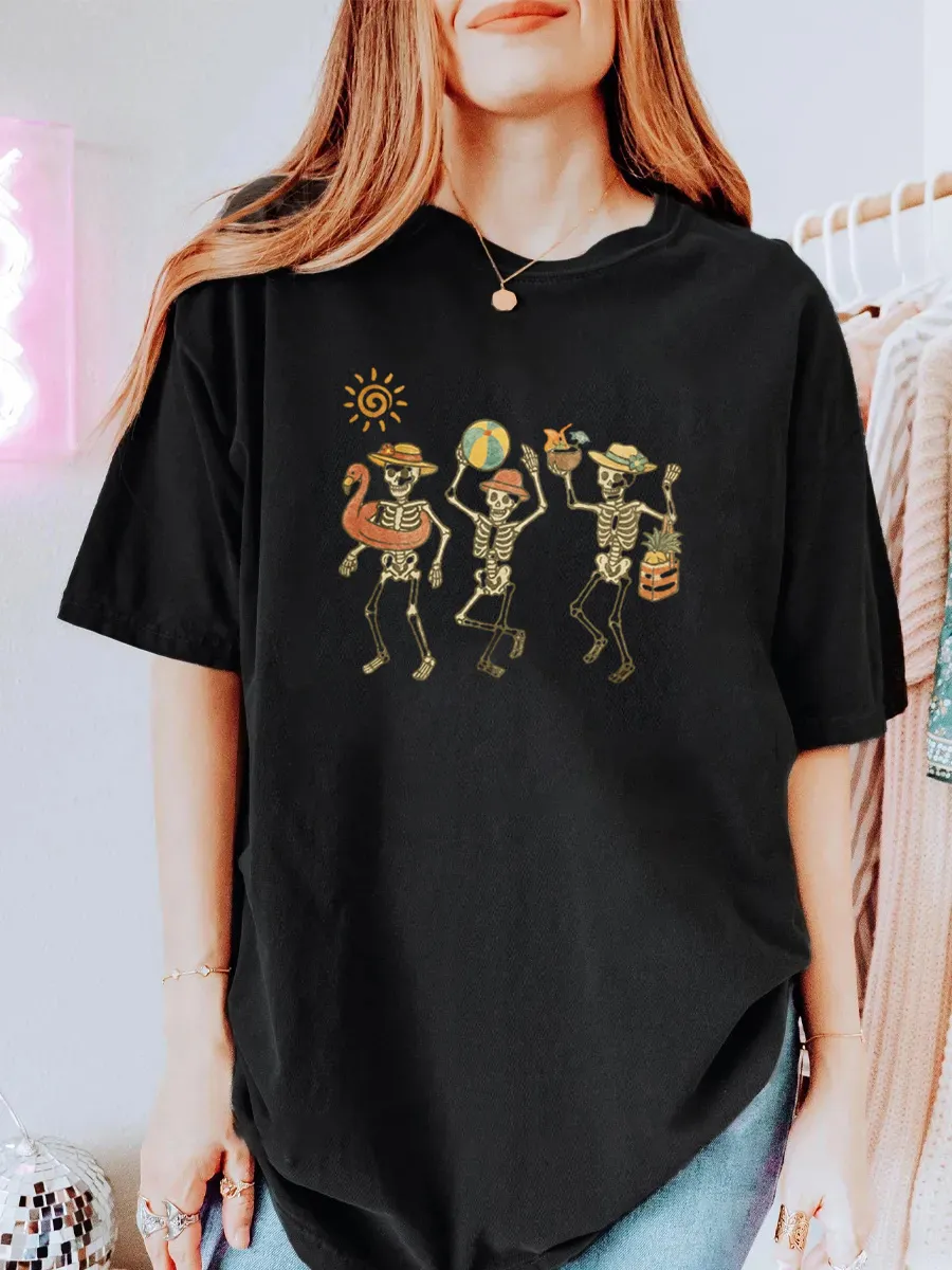Vintage Funny Dancing Skeletons Oversize Graphic Tee