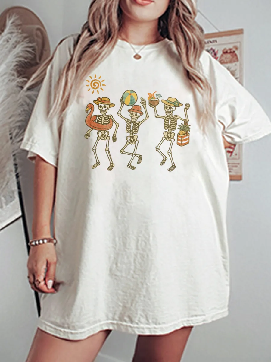 Vintage Funny Dancing Skeletons Oversize Graphic Tee