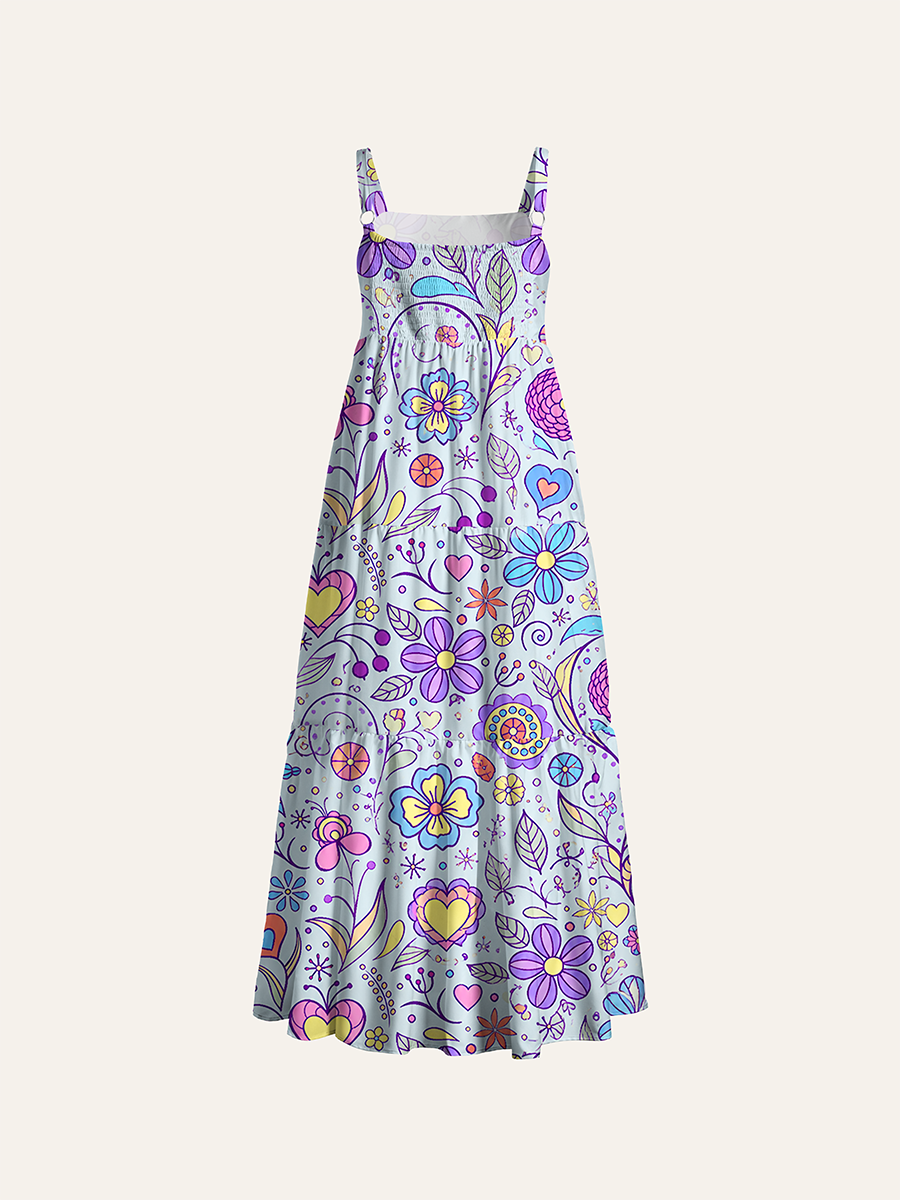 Whimsical Folk Floral Heart Adjustable Wide Straps Maxi Dress