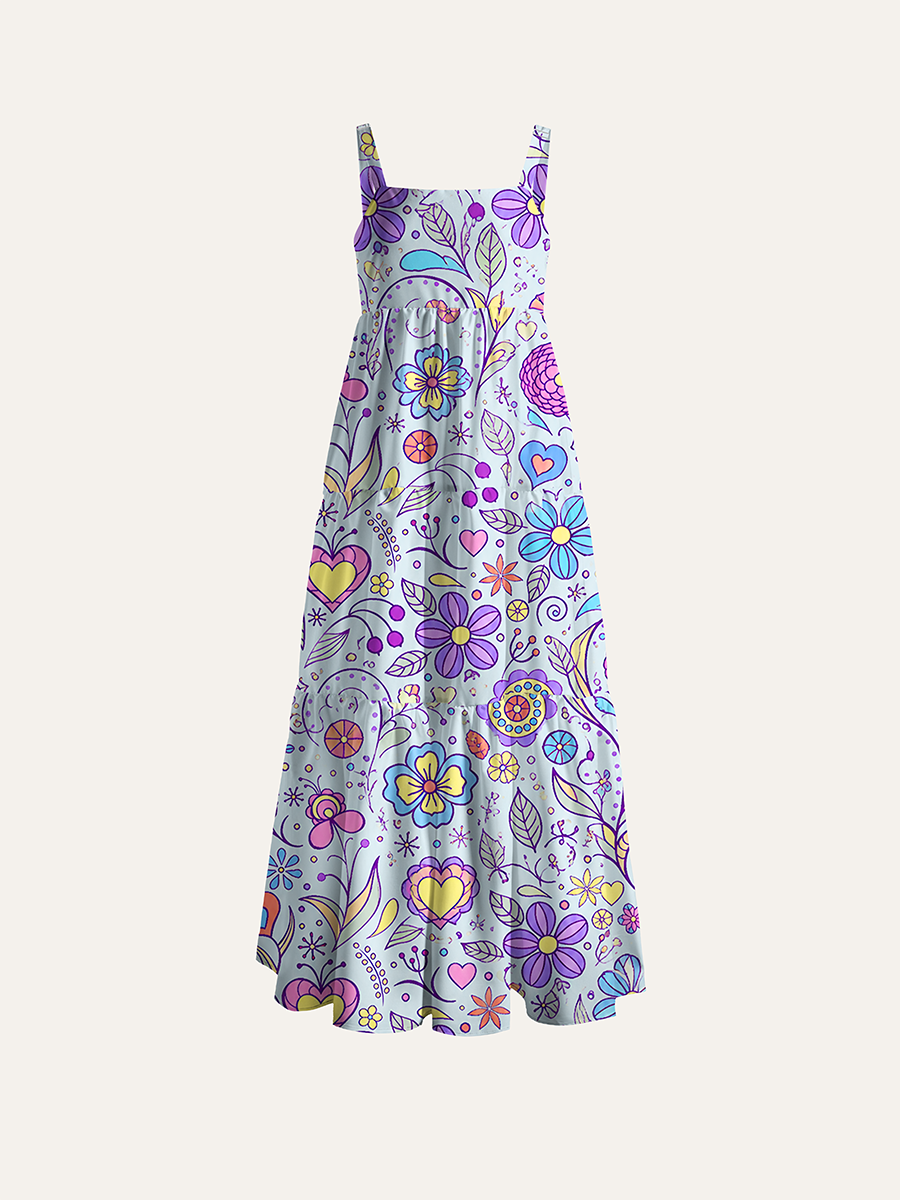 Whimsical Folk Floral Heart Adjustable Wide Straps Maxi Dress