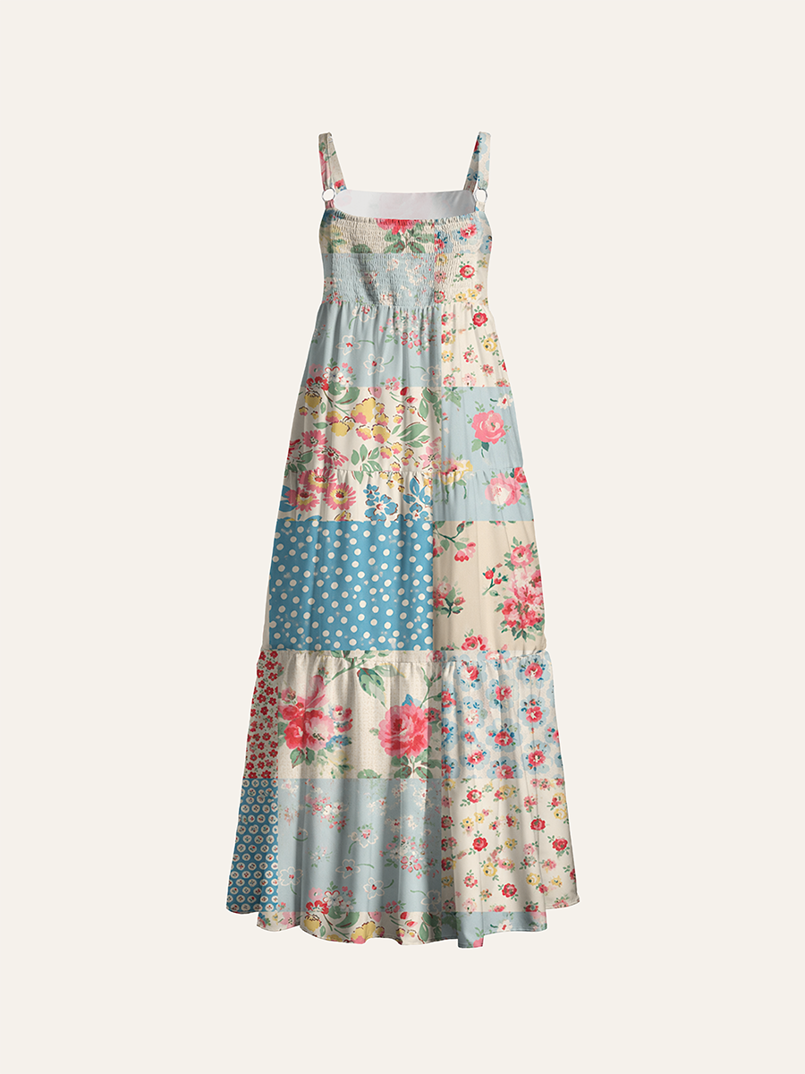 Vintage Patchwork Floral Polka Dot Adjustable Wide Straps Maxi Dress