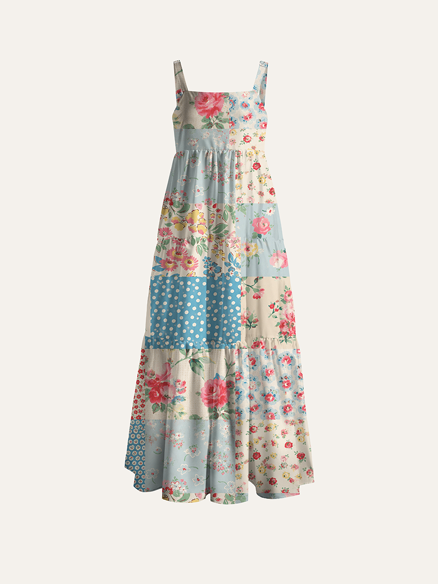 Vintage Patchwork Floral Polka Dot Adjustable Wide Straps Maxi Dress