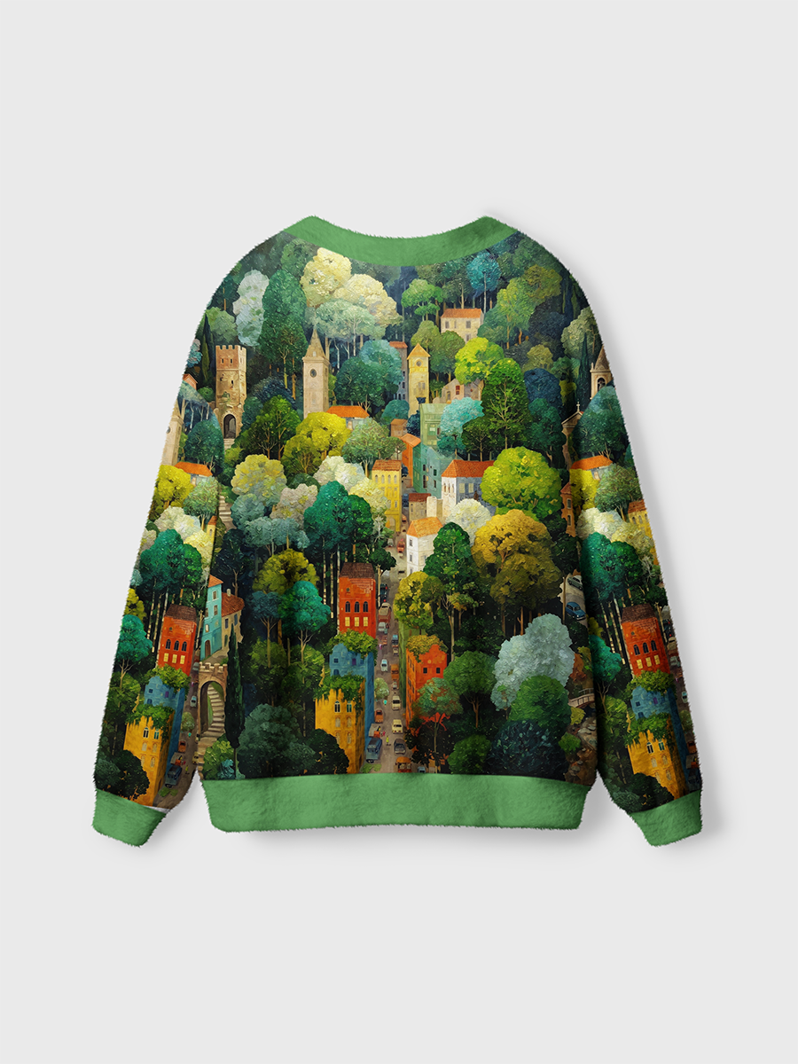 Vintage Colorful Hill Town Surrounded By Lush Trees Cardigan Sweaters