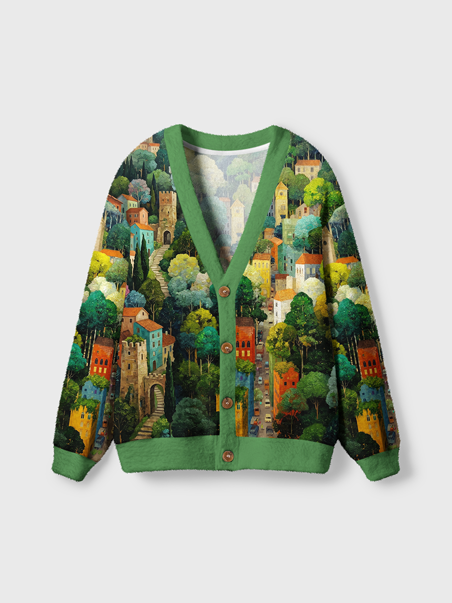 Vintage Colorful Hill Town Surrounded By Lush Trees Cardigan Sweaters
