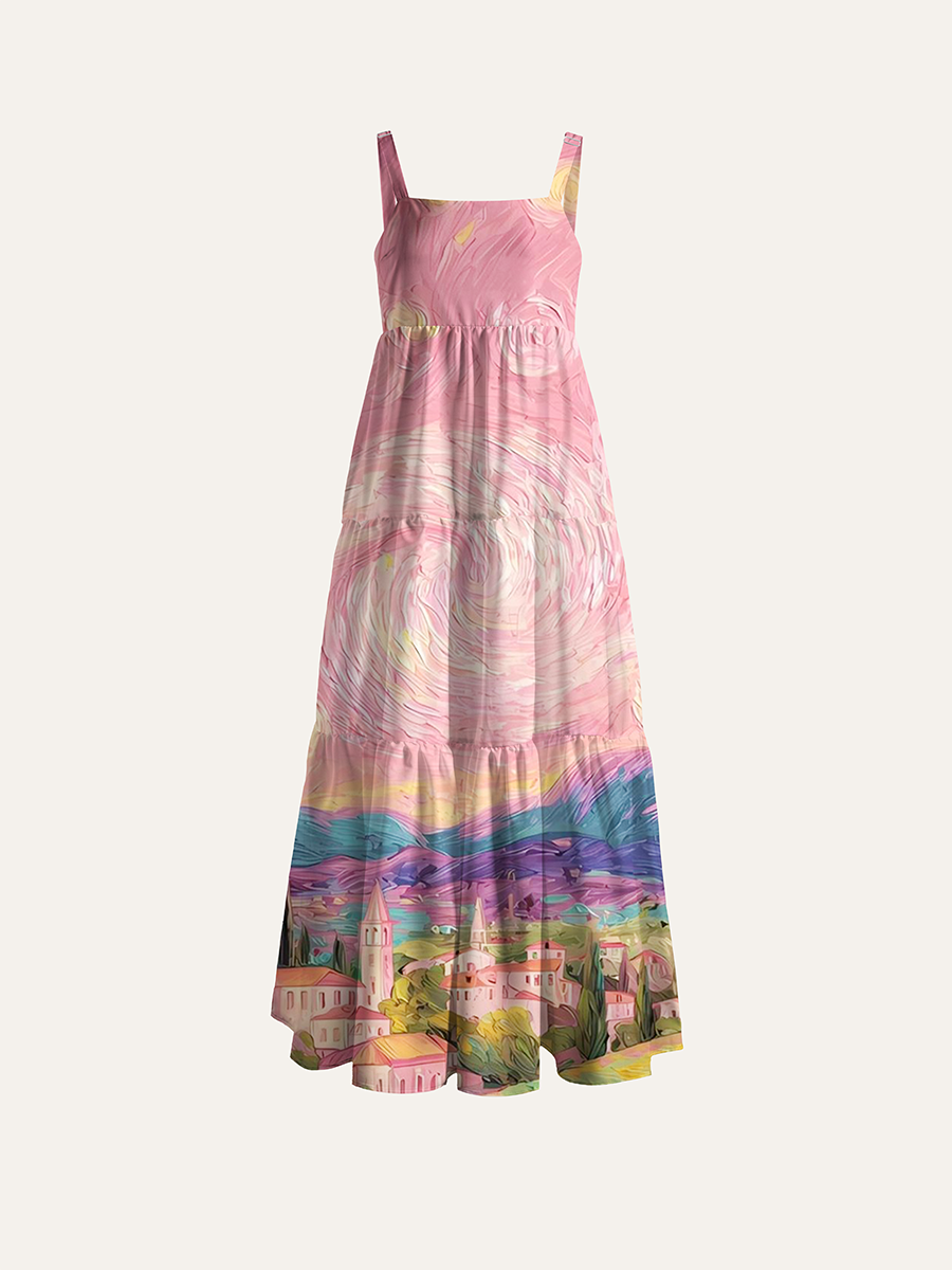 Gogh Starry Night Village Oil Adjustable Wide Straps Maxi Dress