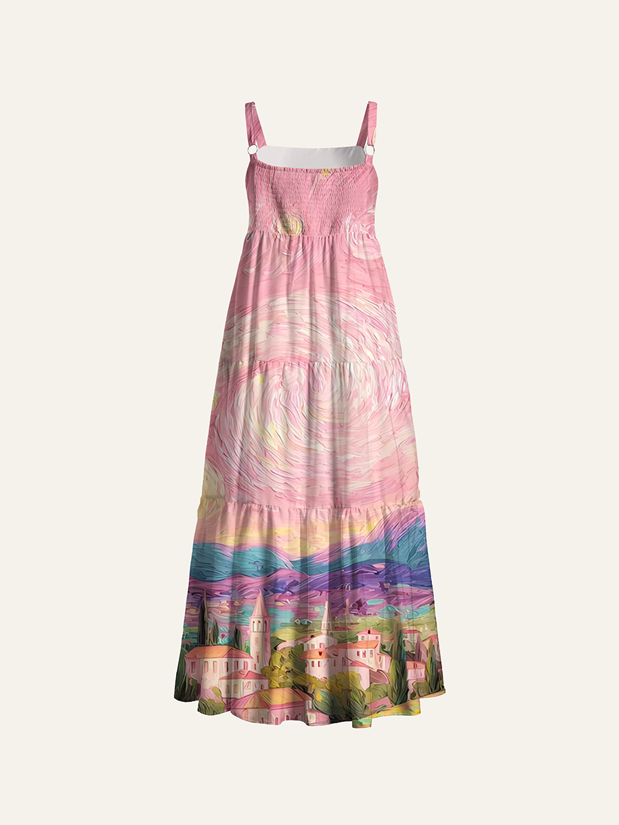 Gogh Starry Night Village Oil Adjustable Wide Straps Maxi Dress
