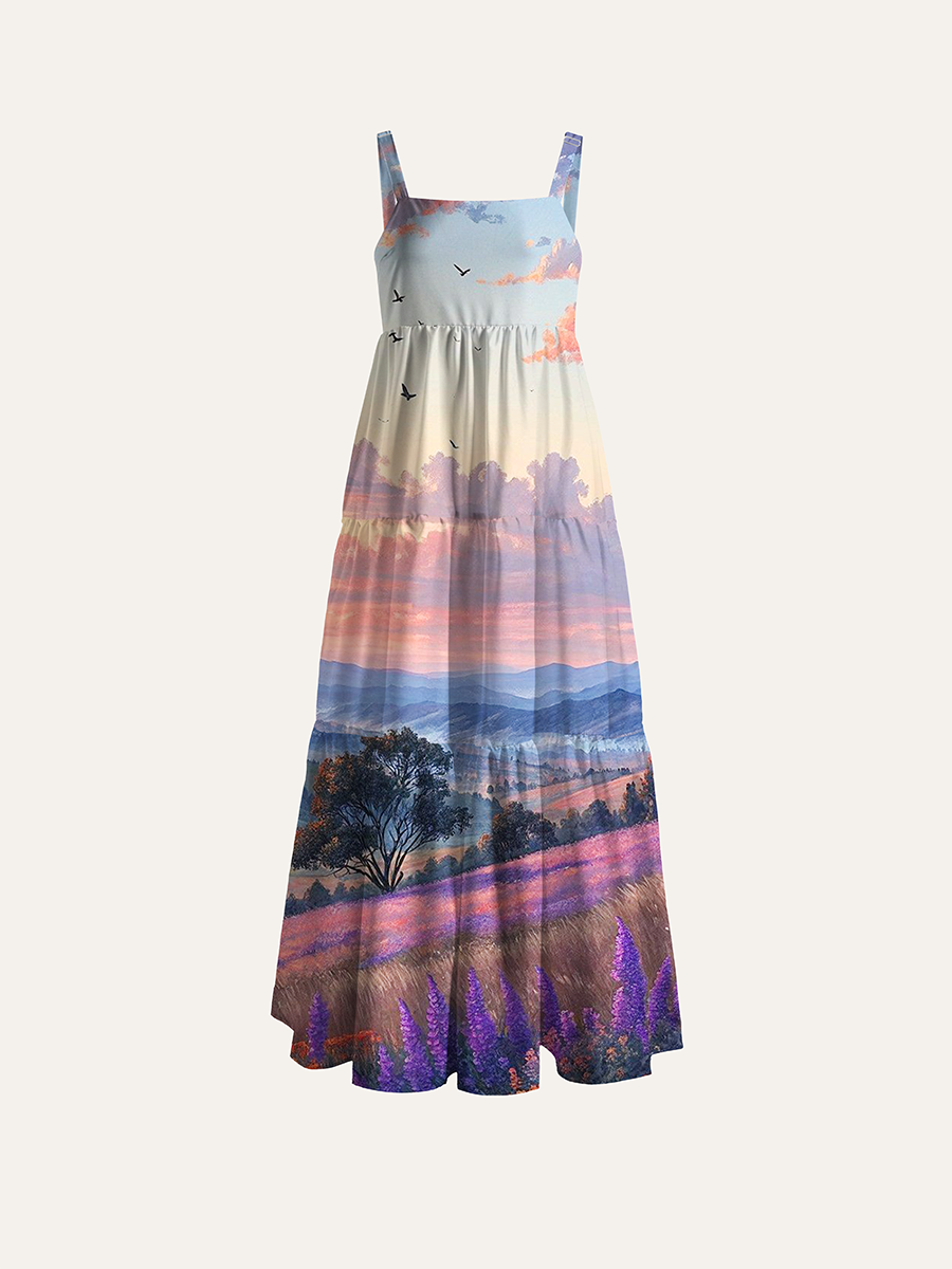 Sunset Lavender Mountain Valley Soft Oil Adjustable Wide Straps Maxi Dress
