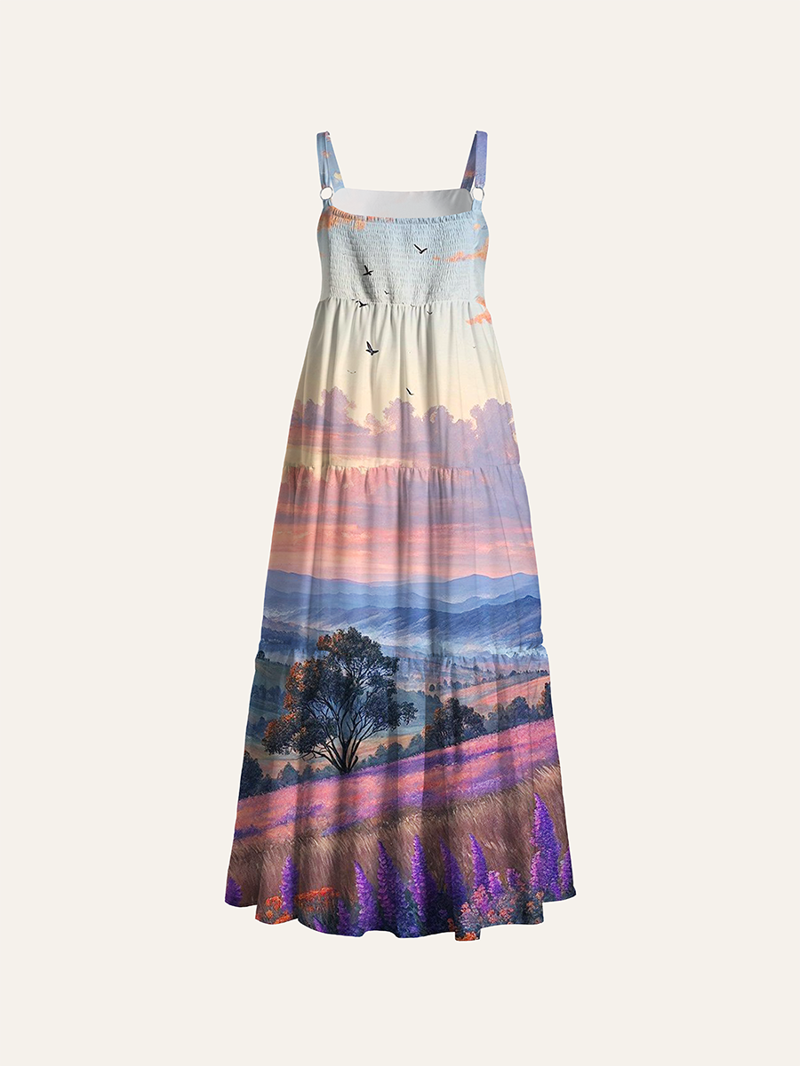 Sunset Lavender Mountain Valley Soft Oil Adjustable Wide Straps Maxi Dress