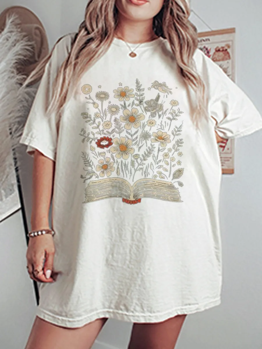 Vintage Book Flower Oversize Graphic Tee