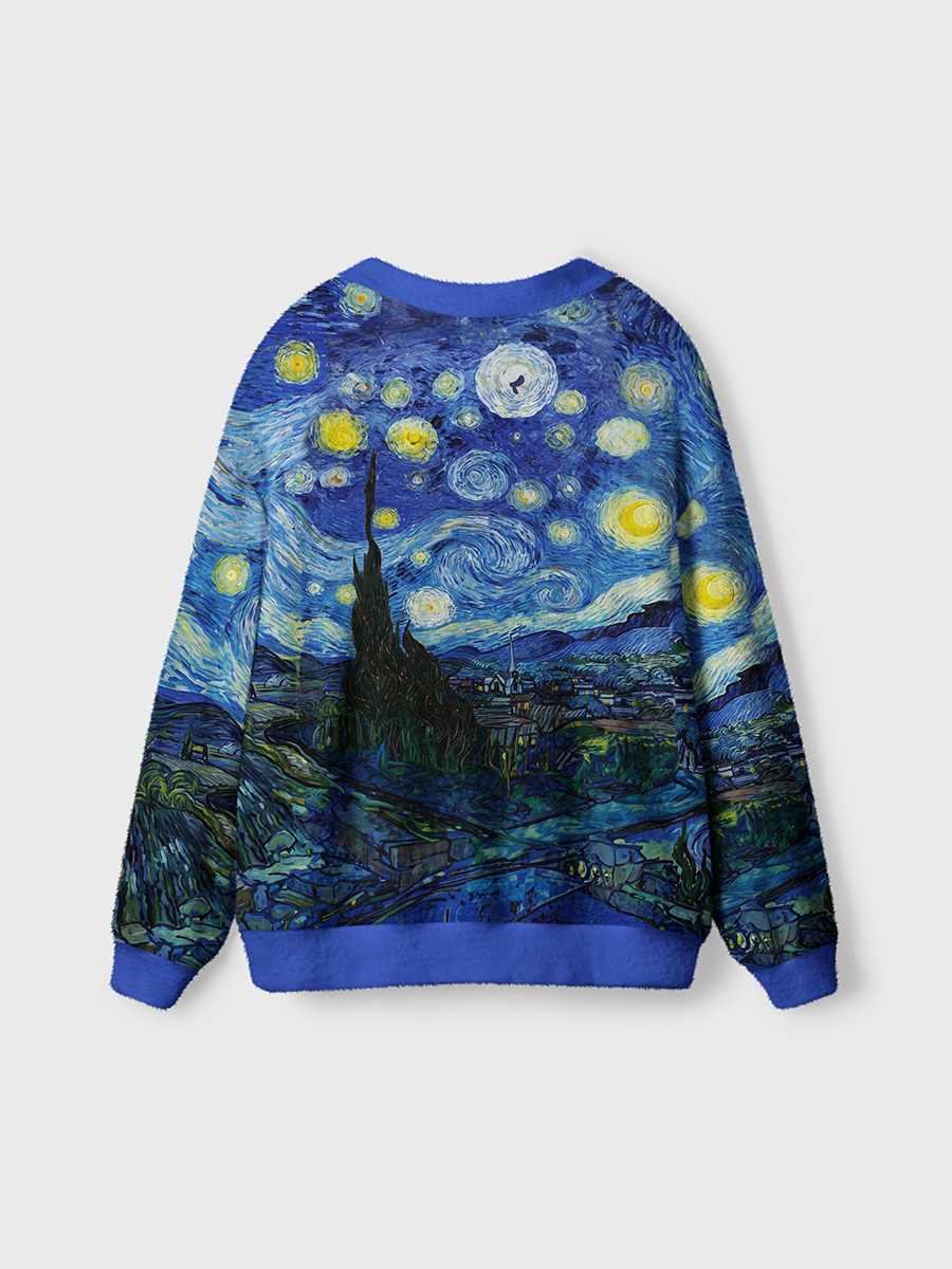 Vintage Blue Night Starry Sky And Village Cardigan Sweaters