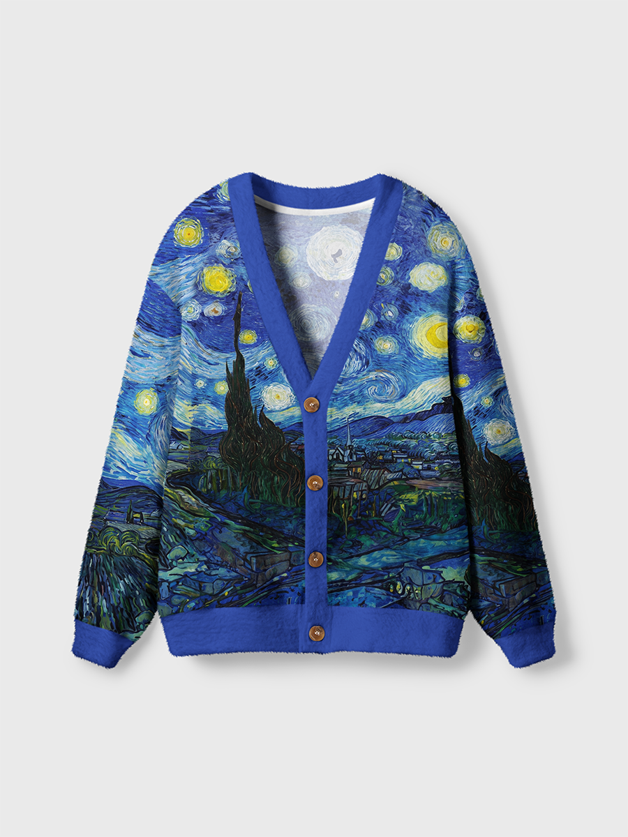Vintage Blue Night Starry Sky And Village Cardigan Sweaters