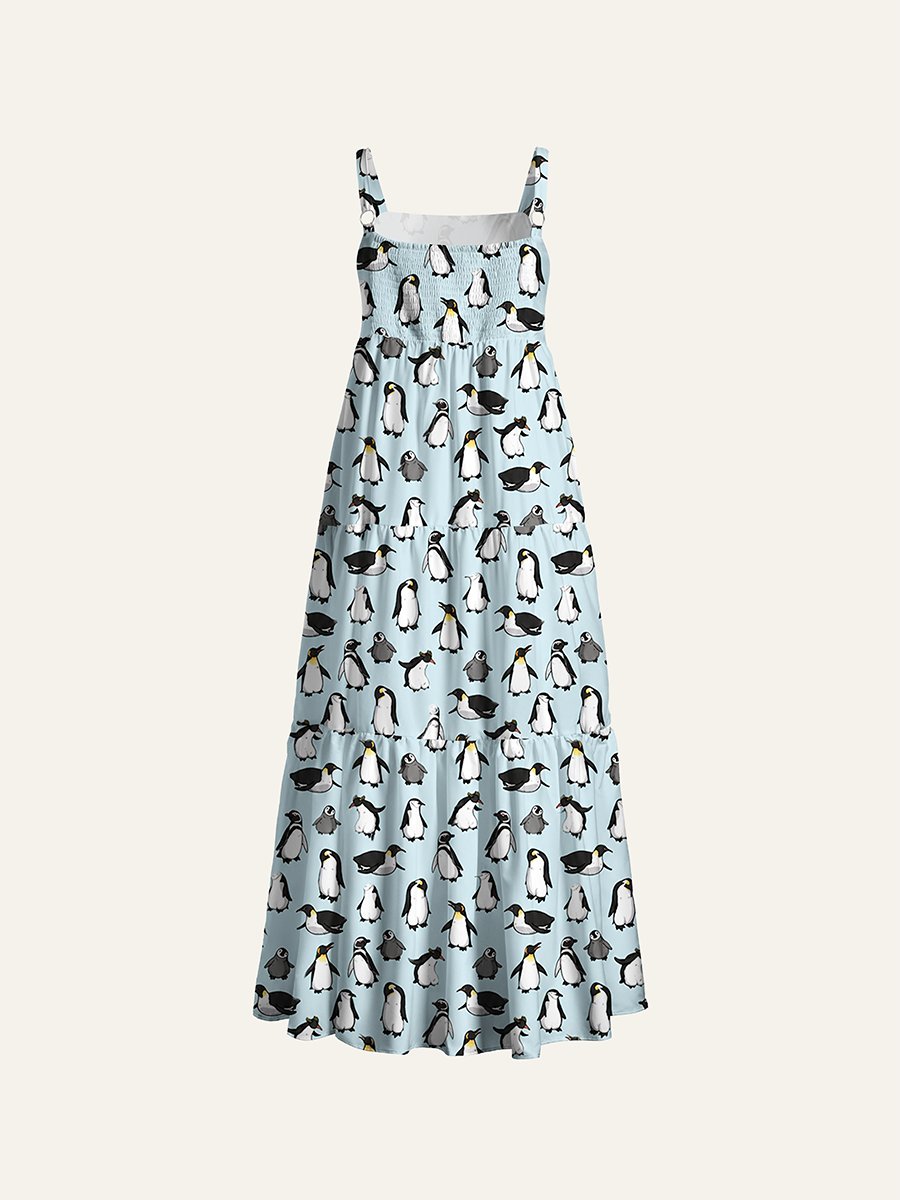 Simple Cartoon Penguin Adjustable Wide Straps Maxi Dress