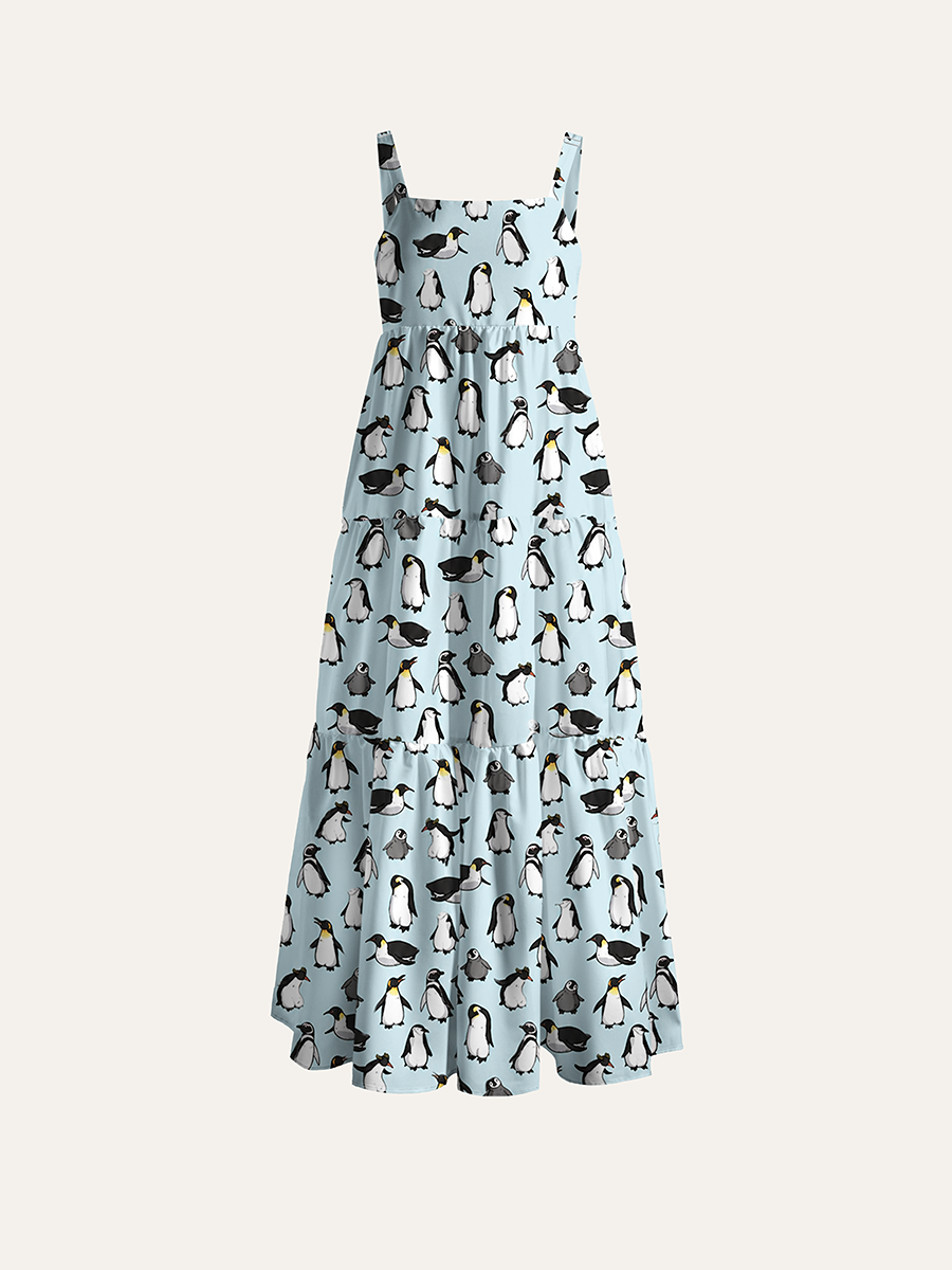 Simple Cartoon Penguin Adjustable Wide Straps Maxi Dress