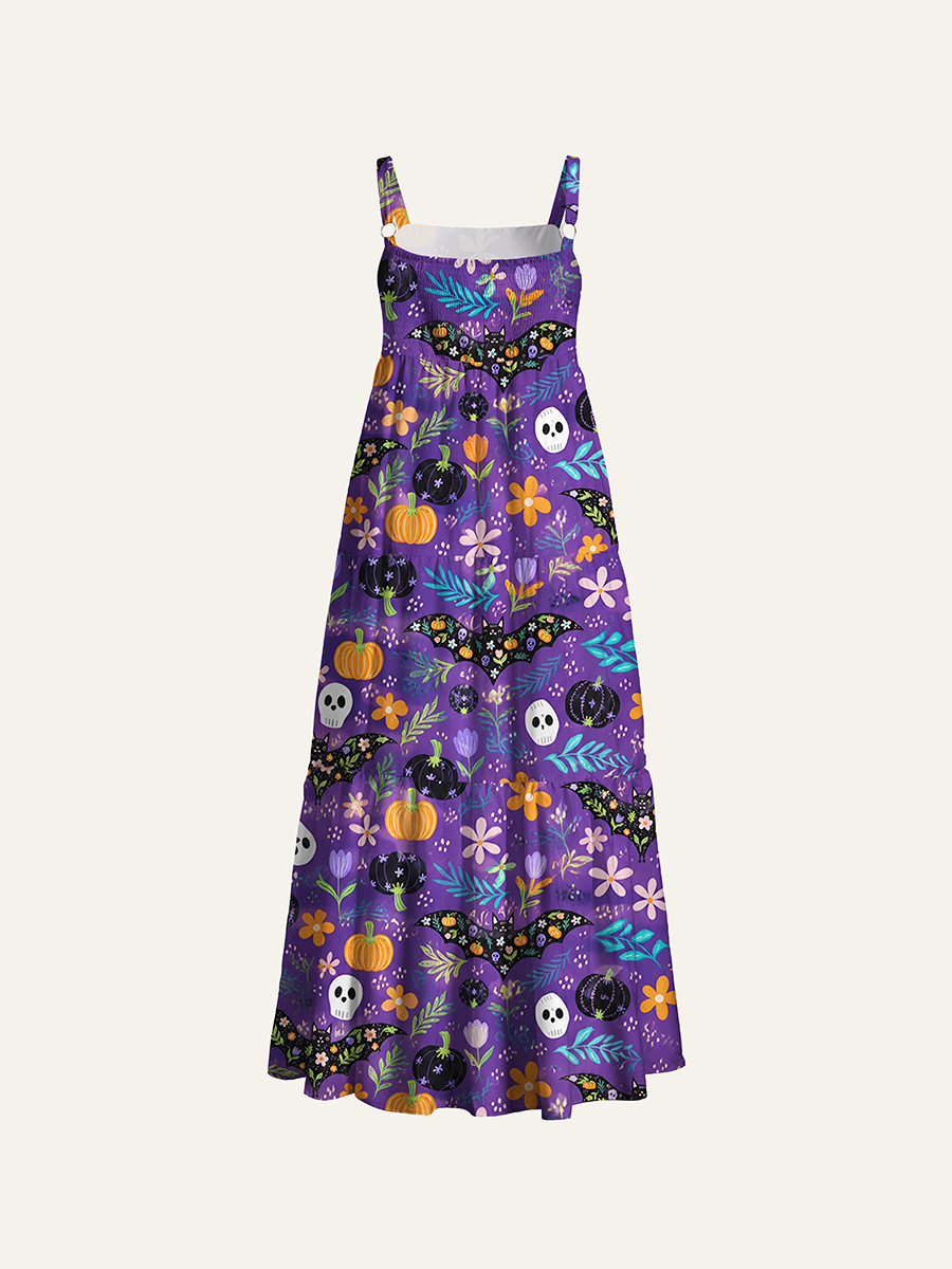 Cute Halloween Bat Pumpkin Floral Adjustable Wide Straps Maxi Dress