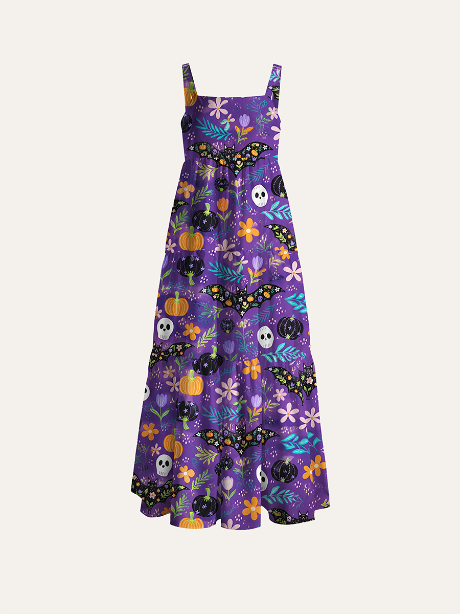Cute Halloween Bat Pumpkin Floral Adjustable Wide Straps Maxi Dress