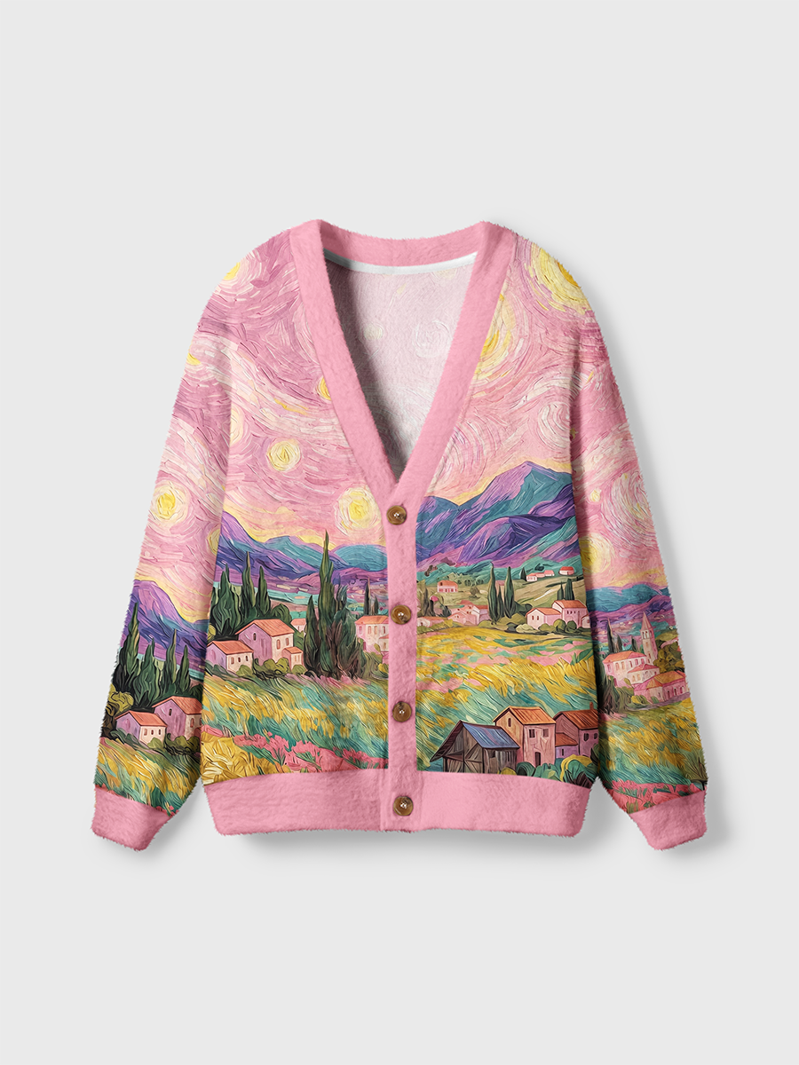 Vintage Distant Mountains And Rural Houses Cardigan Sweaters