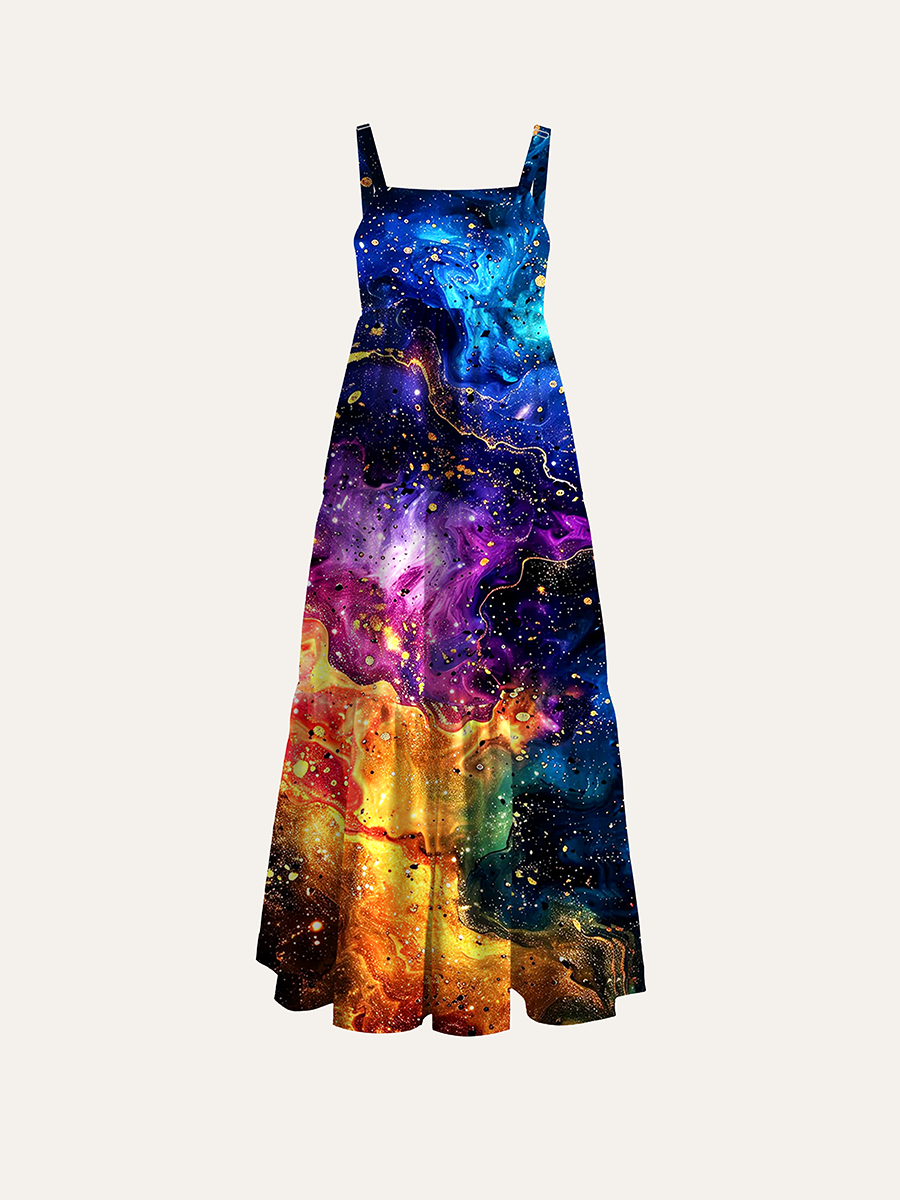 Gold Glitter Rainbow Fluid Marble Galaxy Adjustable Wide Straps Maxi Dress