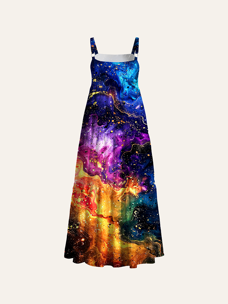 Gold Glitter Rainbow Fluid Marble Galaxy Adjustable Wide Straps Maxi Dress