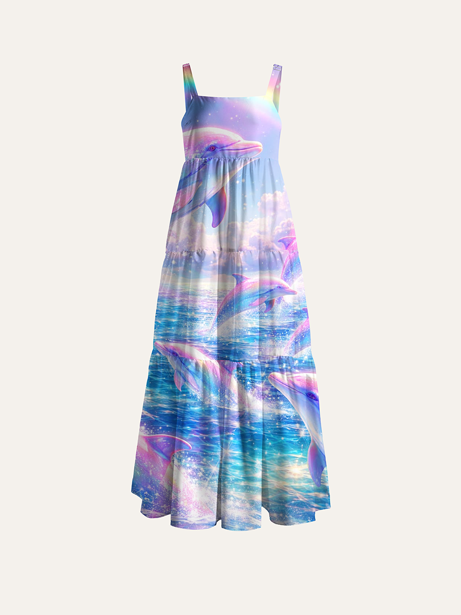 Glitter Rainbow Dolphin Ocean Kids Adjustable Wide Straps Maxi Dress